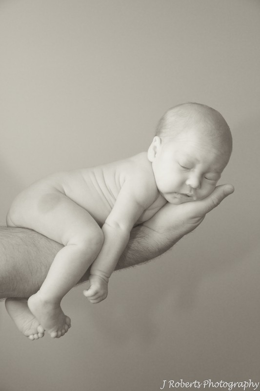 Newborn baby sleeping on fathers hand - newborn portrait photography
